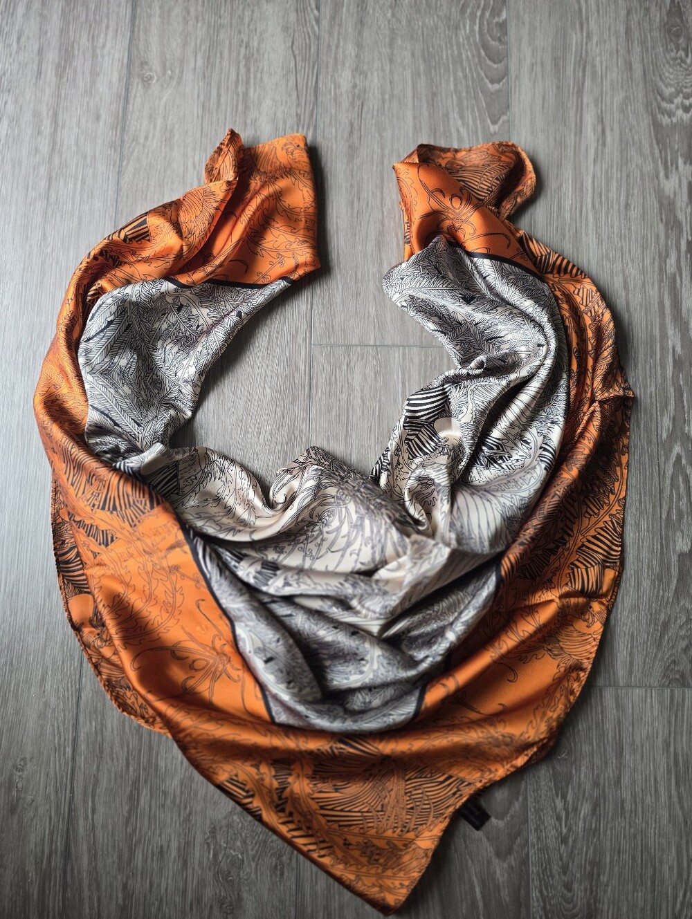 Large Square Silky-Feel Scarf Orange Black Feather Art Print Head Neck Wrap 40"